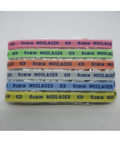 Étiquettes tissées à coudre • Fond multicolore / Texte bleu • Marquage  vêtement nom prénom • bracelets message