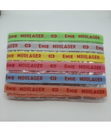 Étiquettes tissées à coudre • Fond multicolore / Texte rouge • Marquage  vêtement nom prénom • bracelets message